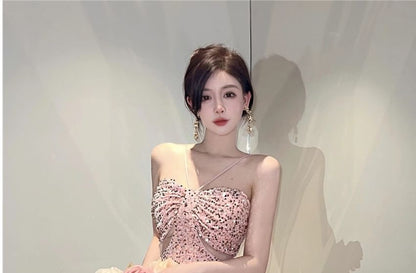 Halter-Neck Shirred Sequined Slit Bodycon Cocktail Dress