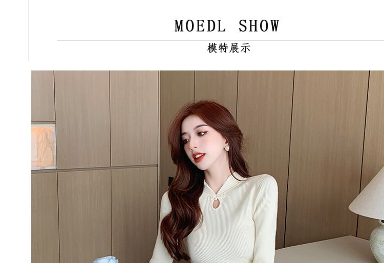 Long-Sleeve Stand Collar Plain Keyhole Ribbed Knit Midi Sheath Dress