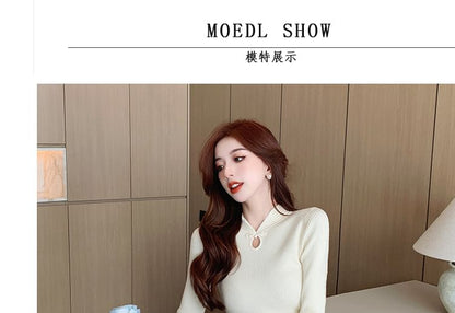 Long-Sleeve Stand Collar Plain Keyhole Ribbed Knit Midi Sheath Dress