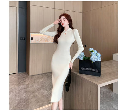 Long-Sleeve Stand Collar Plain Keyhole Ribbed Knit Midi Sheath Dress