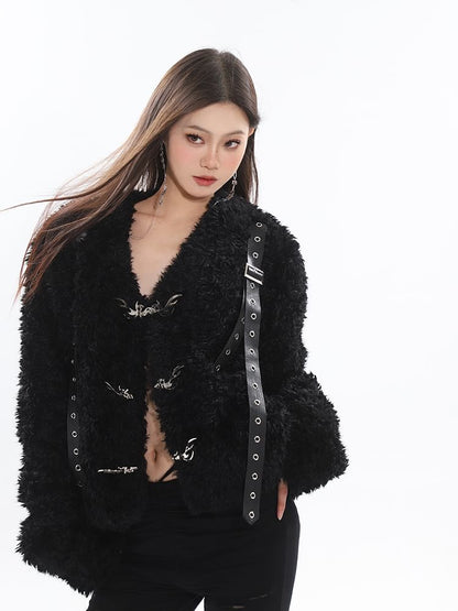 V-Neck Panel Faux Leather Buckle Teddy Jacket