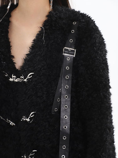 V-Neck Panel Faux Leather Buckle Teddy Jacket