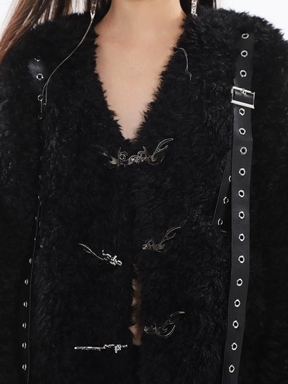 V-Neck Panel Faux Leather Buckle Teddy Jacket