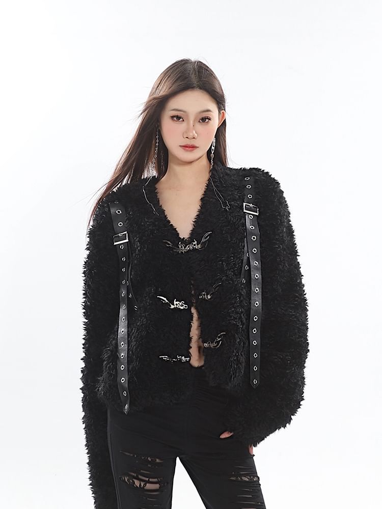 V-Neck Panel Faux Leather Buckle Teddy Jacket