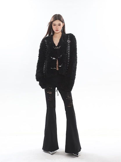 V-Neck Panel Faux Leather Buckle Teddy Jacket