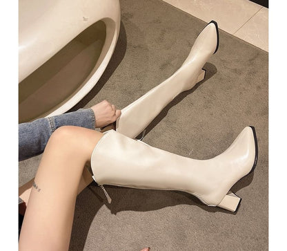 Chunky Heel Boots Pointy Tall Leather Faux