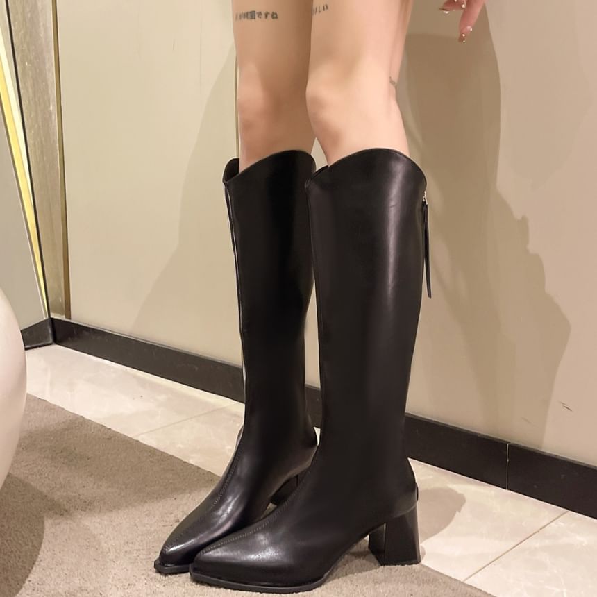 Chunky Heel Boots Pointy Tall Leather Faux