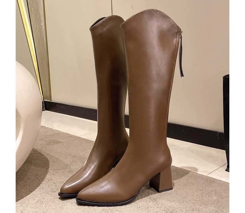 Chunky Heel Boots Pointy Tall Leather Faux