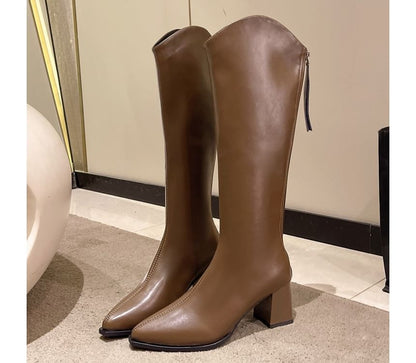 Chunky Heel Boots Pointy Tall Leather Faux