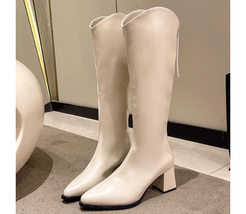 Chunky Heel Boots Pointy Tall Leather Faux