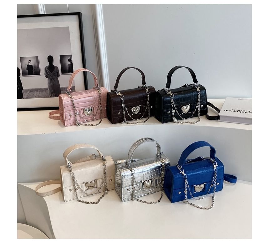 Croc Grain Heart Buckled Flap Crossbody Bag