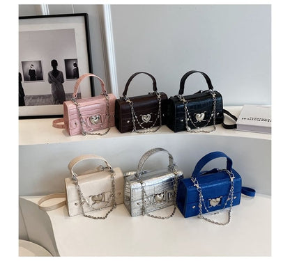 Croc Grain Heart Buckled Flap Crossbody Bag