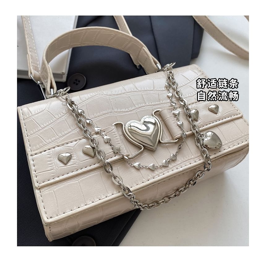 Croc Grain Heart Buckled Flap Crossbody Bag