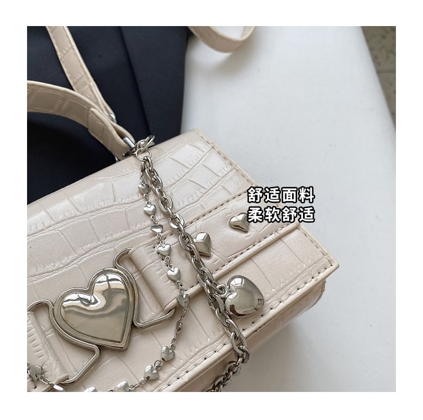 Croc Grain Heart Buckled Flap Crossbody Bag