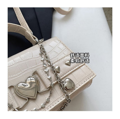 Croc Grain Heart Buckled Flap Crossbody Bag