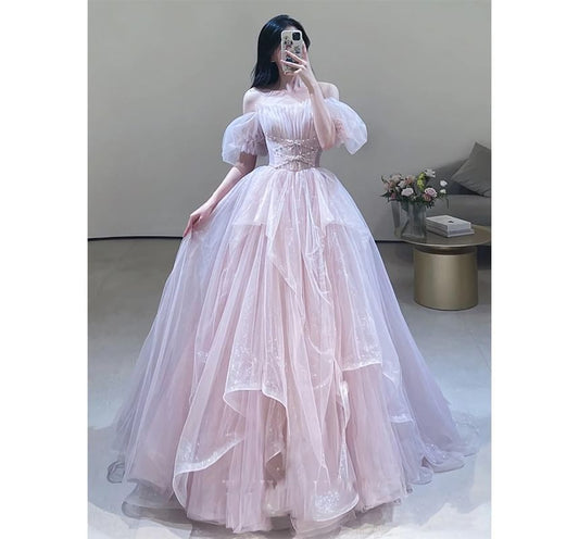 Short-Sleeve Square Neck Plain Ruched Criss Cross Mesh A-Line Evening Gown