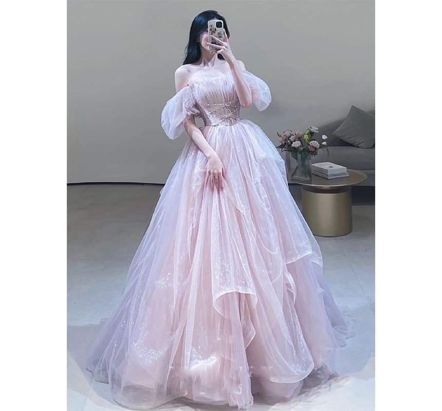 Short-Sleeve Square Neck Plain Ruched Criss Cross Mesh A-Line Evening Gown