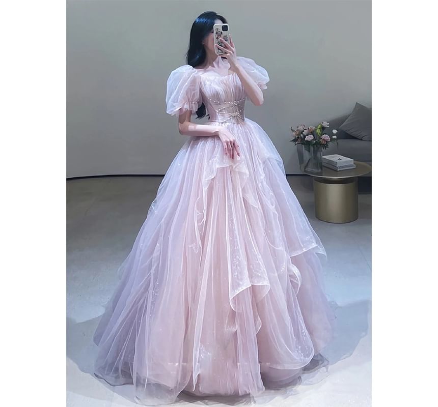 Short-Sleeve Square Neck Plain Ruched Criss Cross Mesh A-Line Evening Gown