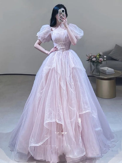 Short-Sleeve Square Neck Plain Ruched Criss Cross Mesh A-Line Evening Gown