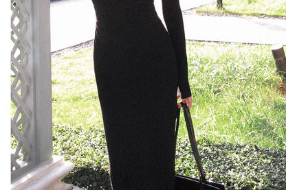 Long-Sleeve Asymmetrical Neck Plain Maxi Sheath Dress