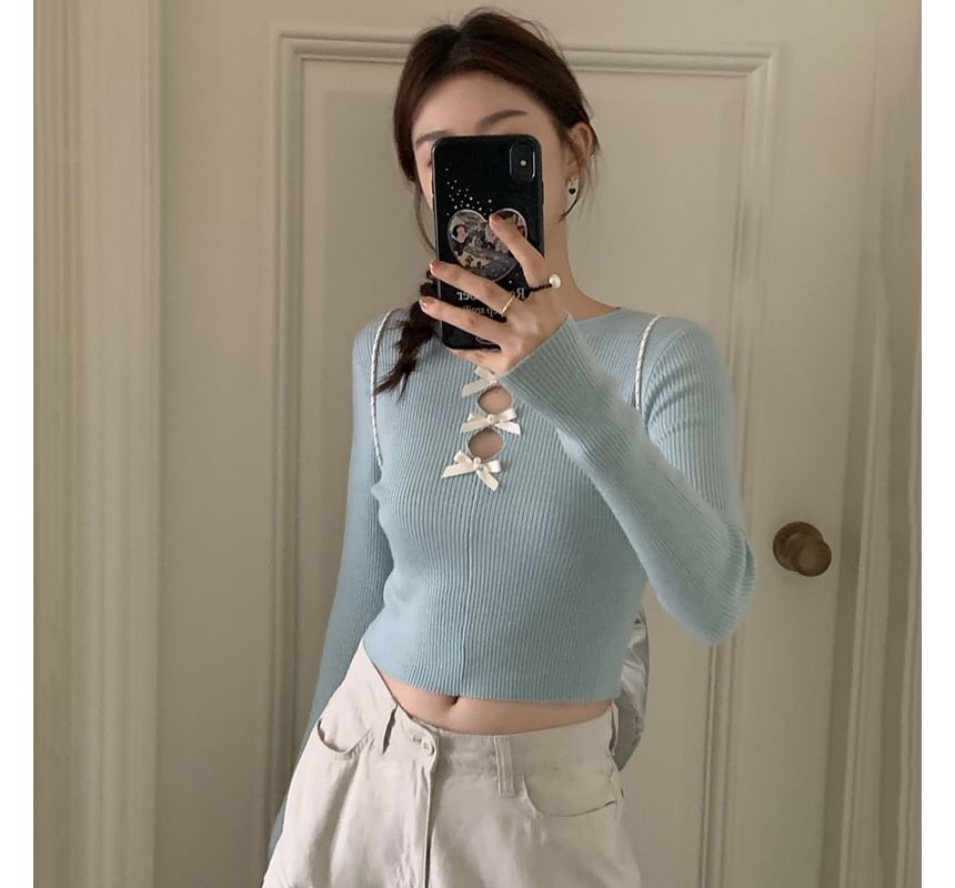 Round Neck Plain Bow Cutout Ribbed Cropped Sweater