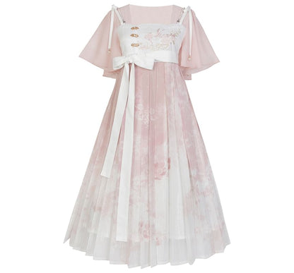 Lolita Kurzärmliges Midikleid in A-Linie mit quadratischem Ausschnitt und zweifarbigem Druck