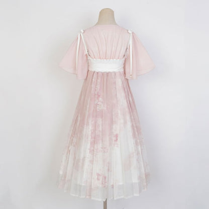 Lolita Kurzärmliges Midikleid in A-Linie mit quadratischem Ausschnitt und zweifarbigem Druck