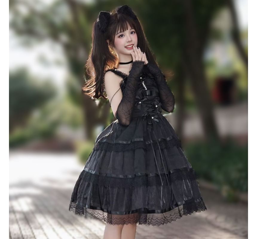 Spaghetti Strap V-Neck Ruffle Trim  Tiered A-Line Dress / Gloves / Set