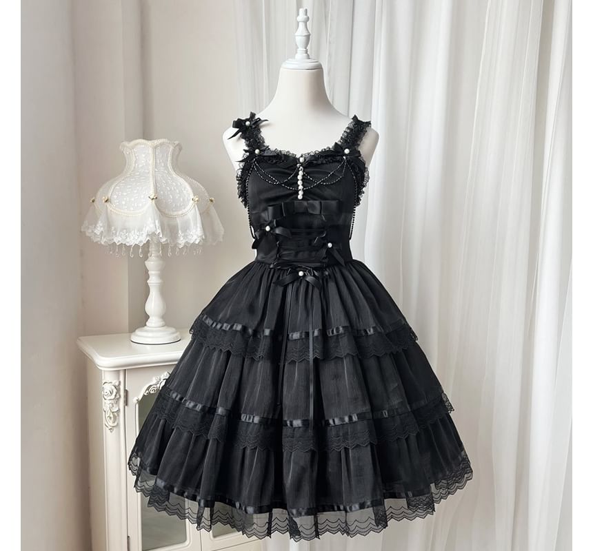 Spaghetti Strap V-Neck Ruffle Trim  Tiered A-Line Dress / Gloves / Set