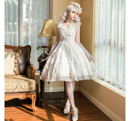 Spaghettiträger, V-Ausschnitt, Rüschenbesatz, gestuftes A-Linien-Kleid / Handschuhe / Set