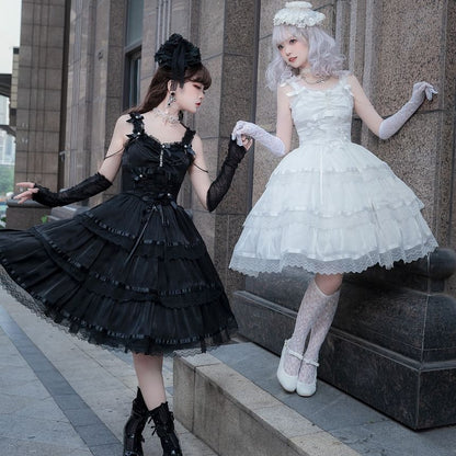 Spaghettiträger, V-Ausschnitt, Rüschenbesatz, gestuftes A-Linien-Kleid / Handschuhe / Set