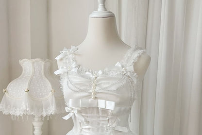 Spaghettiträger, V-Ausschnitt, Rüschenbesatz, gestuftes A-Linien-Kleid / Handschuhe / Set