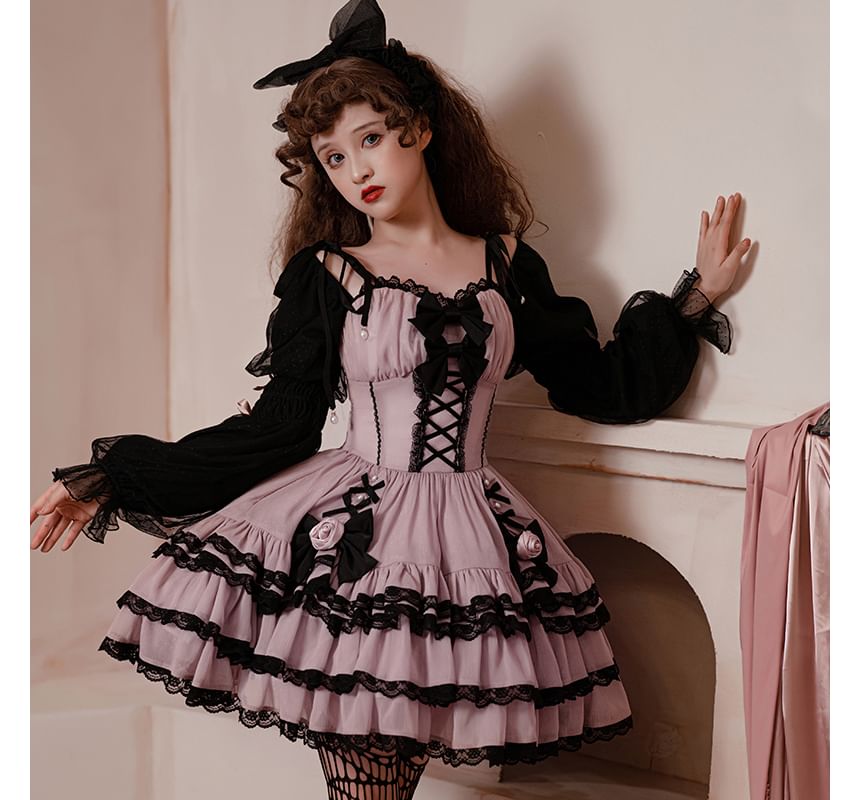 Lolita Long-Sleeve Square Neck Lace Trim Mini A-Line Dress / Crinoline / Set