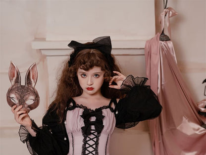 Lolita Langärmliges Minikleid in A-Linie mit quadratischem Ausschnitt und Spitzenbesatz / Krinoline / Set