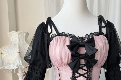 Lolita Langärmliges Minikleid in A-Linie mit quadratischem Ausschnitt und Spitzenbesatz / Krinoline / Set