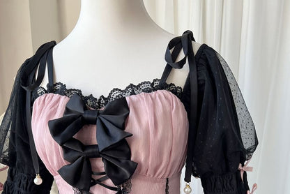 Lolita Langärmliges Minikleid in A-Linie mit quadratischem Ausschnitt und Spitzenbesatz / Krinoline / Set