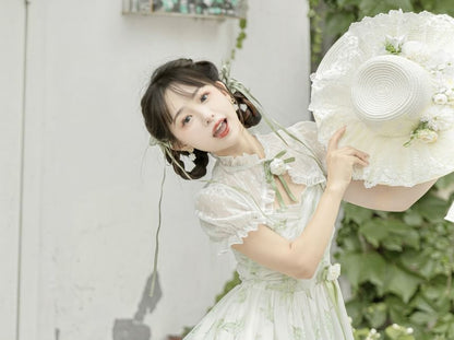 Lolita Midikleid mit Spaghettiträgern und Blumendruck / Spitzenbolero / Set