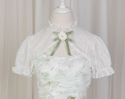 Lolita Midikleid mit Spaghettiträgern und Blumendruck / Spitzenbolero / Set