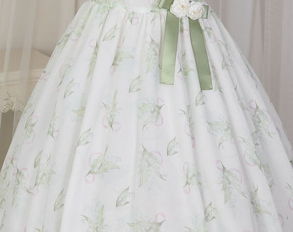 Lolita Midikleid mit Spaghettiträgern und Blumendruck / Spitzenbolero / Set