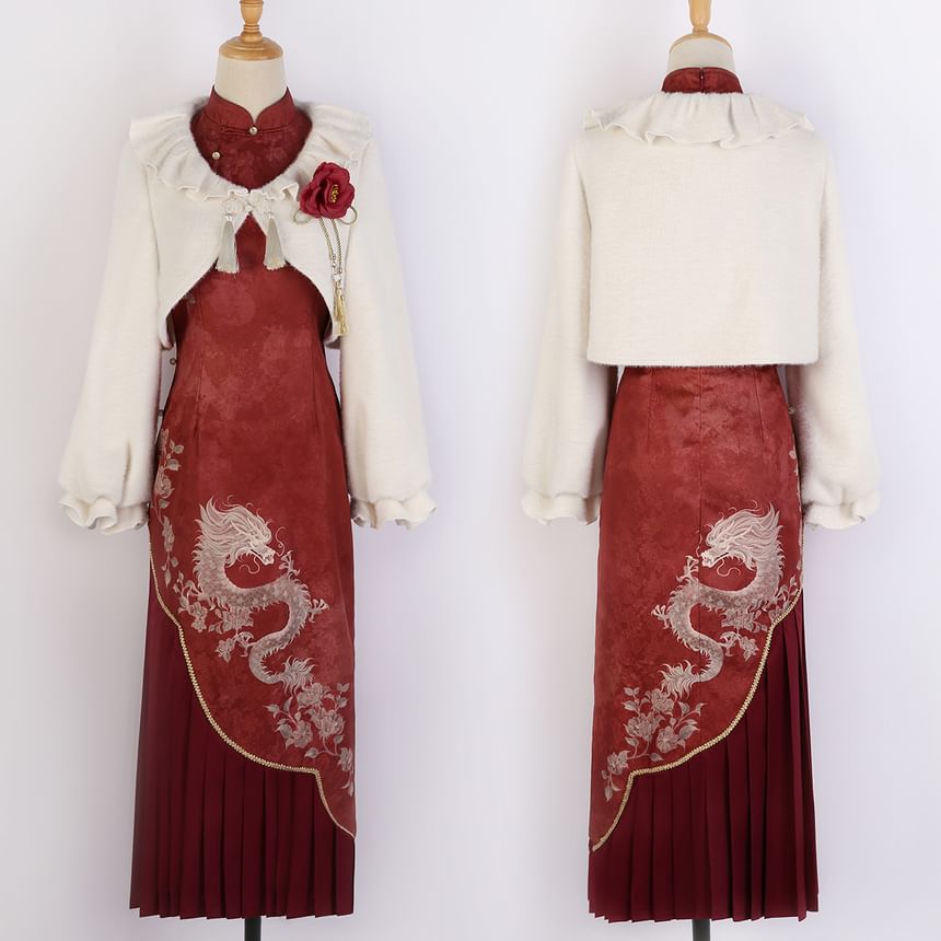 Qipao midi brodée Dragon Lolita sans manches / Veste courte à volants / Ensemble