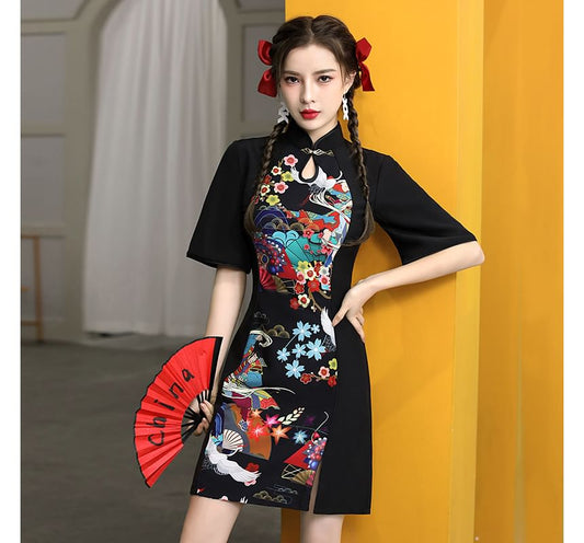 Short-Sleeve Floral Print Mini Qipao