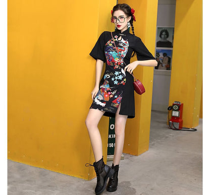Short-Sleeve Floral Print Mini Qipao