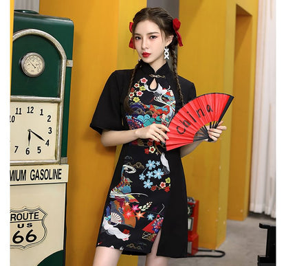Short-Sleeve Floral Print Mini Qipao