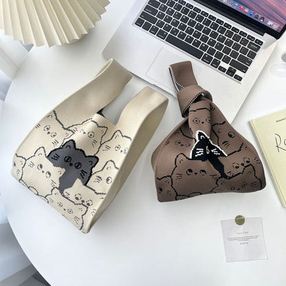 Cat Print Knit Tote Bag