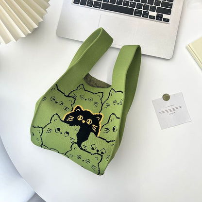 Cat Print Knit Tote Bag