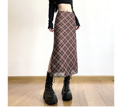 Mid Waist Plaid Midi A-Line Skirt
