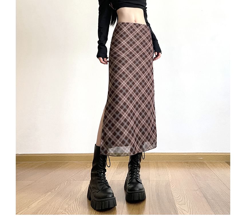 Plaid Waist A-Line Mid Midi Skirt