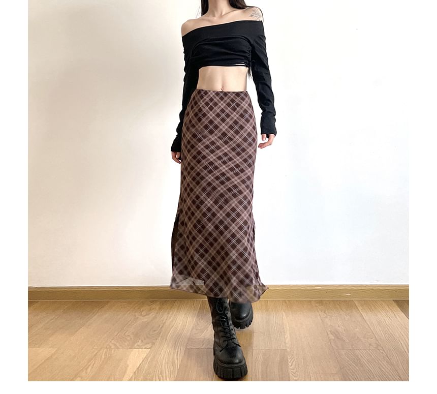 Plaid Waist A-Line Mid Midi Skirt