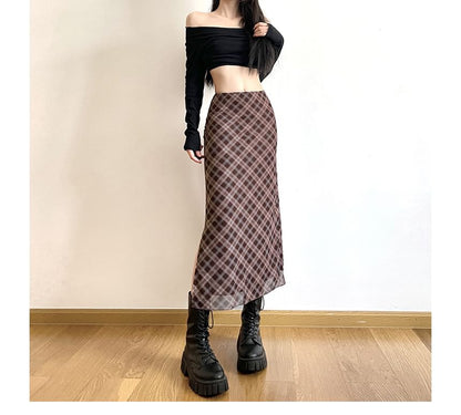 Mid Waist Plaid Midi A-Line Skirt