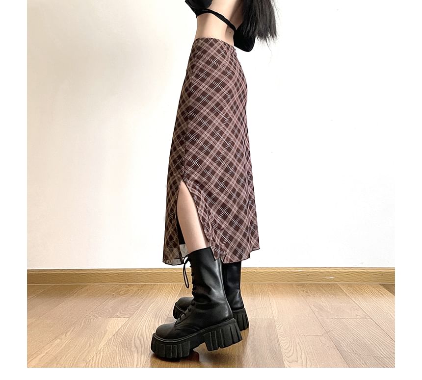 Mid Waist Plaid Midi A-Line Skirt